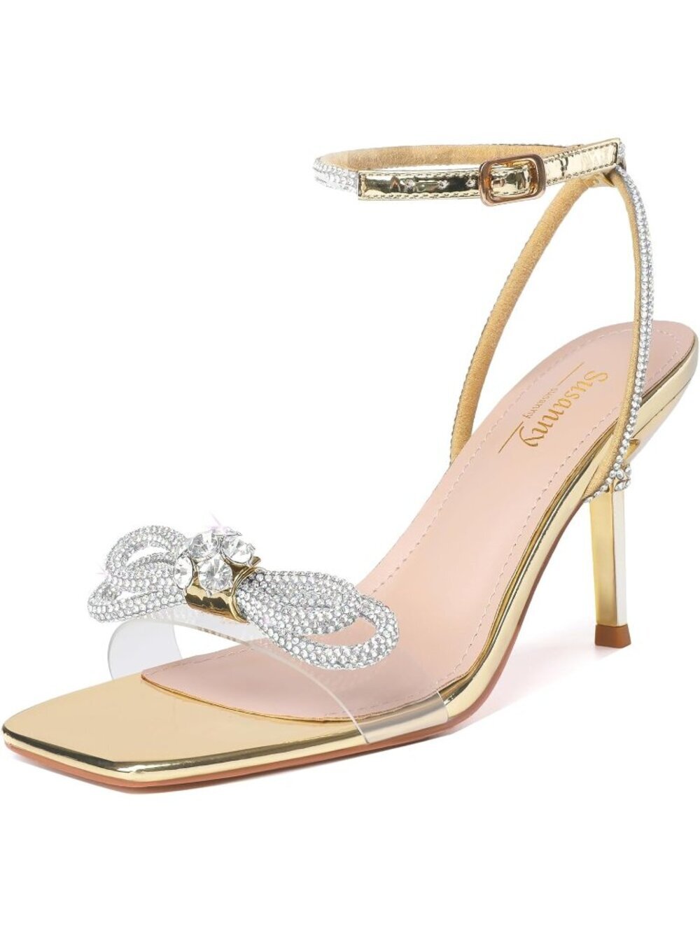 Women's Gold Closed Toe Rhinestone Low Slingback Shoes Kitten Heels